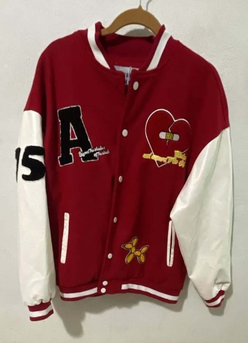 Aelfric Eden Red/White Embroidered Varsity Jacket with Broken Heart and Balloon